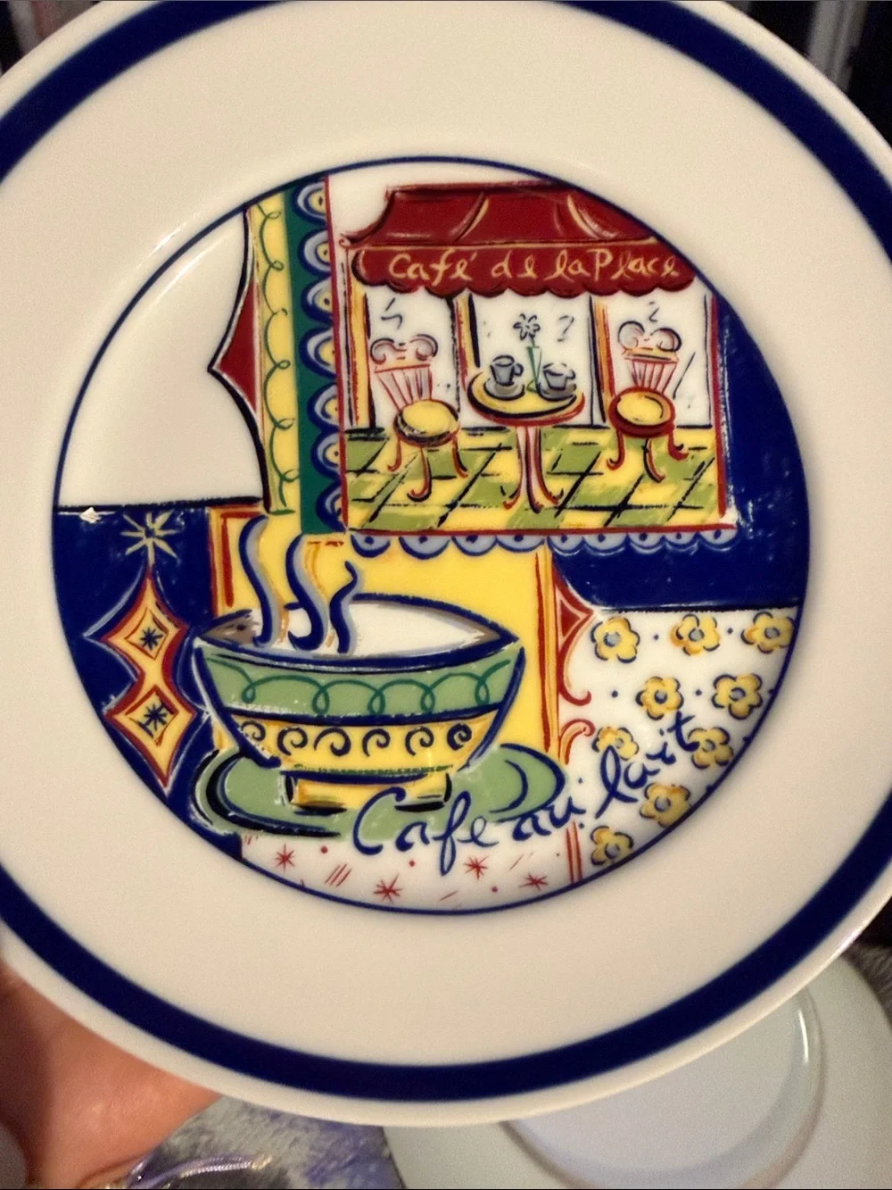 Williams Sonoma Café de la Place Decorative Ceramic Plate - Blue, Yellow, Green